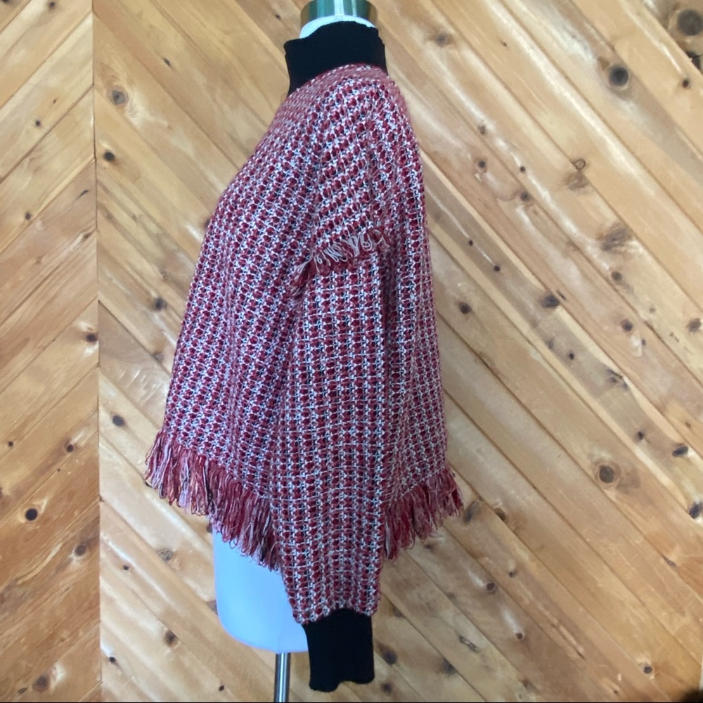Zara Red Black Mock-Neck Tweed Fringe Pullover Sweater - Picture 3 of 9